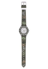 Grüne Silikon-Uhr mit weißem Zifferblatt, silbernen Stundenmarkierungen und einem gemusterten Armband mit verschiedenen Dinosaurier-Skizzen in mehreren Farben.