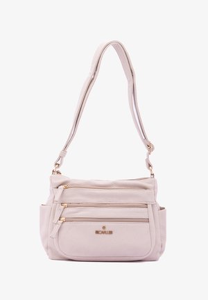 Beige leren schoudertas met drie ritszakken, een gladde textuur, verstelbare schouderriem en accenten van goudkleurig beslag.