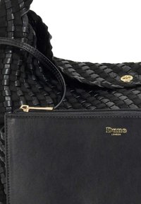 Black woven handbag with a matching flat pouch. Features a glossy finish, gold hardware, and a textured design. Logo embossed on pouch.