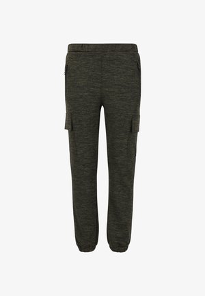 Mørkegrønne joggerbukser lavet af tekstureret stof, der har sidelommer med lynlås og elastiske manchetter. Cargo-lommer på hver side tilføjer funktionalitet.