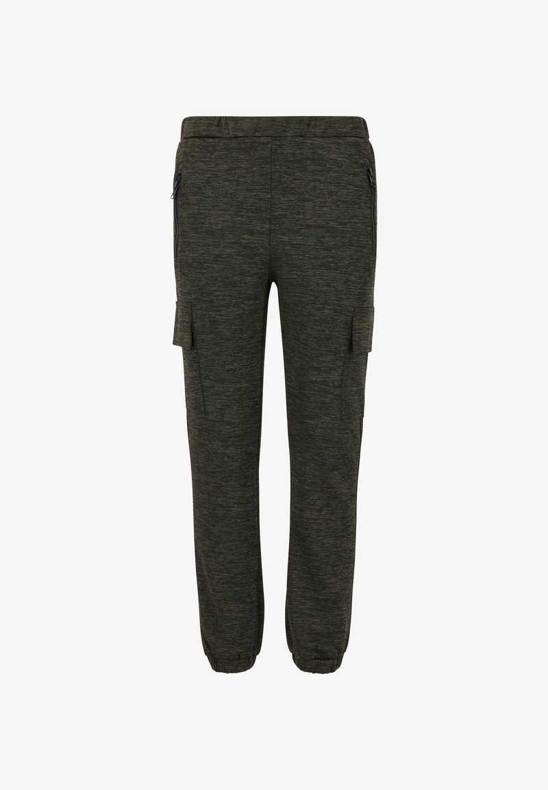 Mørkegrønne joggerbukser lavet af tekstureret stof, der har sidelommer med lynlås og elastiske manchetter. Cargo-lommer på hver side tilføjer funktionalitet.