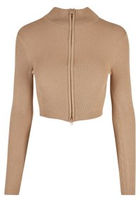 Cardigan court en maille côtelée beige avec manches longues et fermeture zippée à l'avant, doté d'un col montant.
