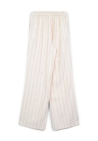 Pantalon large beige clair en tissu texturé, avec de fines rayures verticales navy et une taille élastique pour un ajustement réglable.