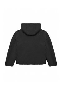 Schwarze Steppjacke mit Kapuze, leicht verkürztem Schnitt, gesteppter Struktur und zwei Seitentaschen. Rückansicht gezeigt.