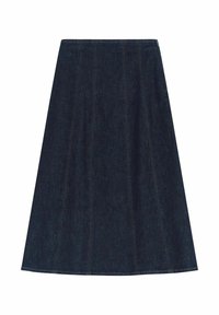 Czarna spódnica a-linia z ciemnego denimu, z wyraźnymi szwami i długością do kolan. Gładka tekstura z czystym wykończeniem. Bez widocznych kieszeni.