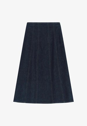 Jupe en denim foncé en forme A avec des coutures structurées et une coupe à mi-genoux. Texture lisse avec un ourlet net. Pas de poches visibles.