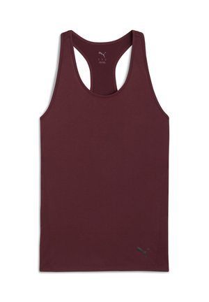 Mörkröd linne med racerback-design, tillverkat av ett slätt tyg. Har en liten svart logotyp i det nedre högra hörnet.