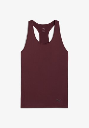 Top in cotone bordeaux con design a schiena scoperta, realizzato in tessuto morbido. Presenta un piccolo logo nero nell'angolo in basso a destra.