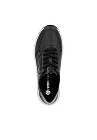 Schwarze Leder-Sneaker mit Schnürdesign, seitlichem Reißverschluss, gepolstertem Kragen und hellfarbigem Gummisohle. Mit einem Logo auf der Innensohle.