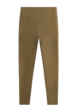 Visokovalovne legice olivno zelene barve z gladko teksturo in oprijetim dizajnom do gležnjev.