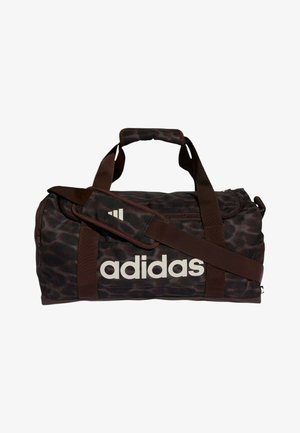 Borsa da palestra Adidas scura a motivo con due manici e tracolla regolabile, con logo Adidas bianco sul davanti.
