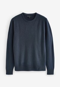 Pull en maille bleu marine avec des manches longues, un col rond et des poignets côtelés. Fabriqué dans un matériau doux avec une finition texturée.