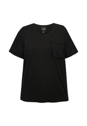 Schwarzes Kurzarm-T-Shirt aus weichem Stoff mit rundem Ausschnitt, featuring eine dekorative Pailletten-Tasche auf der linken Seite.