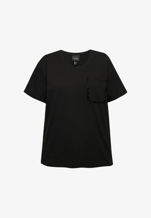 Czarna koszulka z krótkim rękawem, uszyta z miękkiego materiału, z okrągłym dekoltem, z ozdobną kieszonką pokrytą cekinami po lewej stronie.