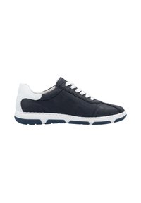 Baskets en cuir bleu marine avec des accents et des lacets blancs, dotées d'un bout arrondi, de détails cousus et d'une semelle texturée contrastante.