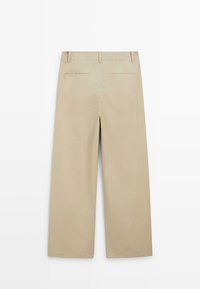 Beige straight-leg trousers with back welt pockets and belt loops, displayed flat against a white background.