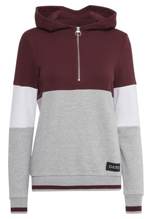 Mørkerød og grå hettegenser med halv-zip foran, hvite akkantstriper, ribbet kant og justerbar hette med snor. Merke kalt synlig.