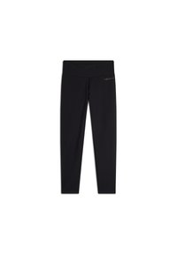 Leggings neri con una fascia larga in vita, realizzati in un tessuto elasticizzato. Presentano un piccolo logo argentato sul davanti. Design classico a gamba affusolata.
