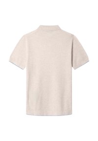 Polo beige à manches courtes avec tissu texturé et col classique, présenté de dos sur fond blanc.
