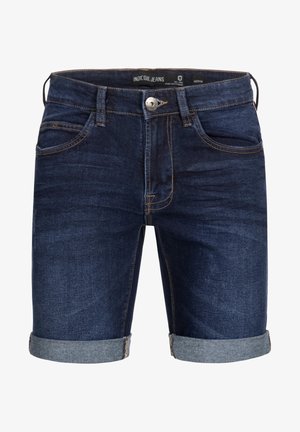 Sötétkék farmer sort, feltekert szegéllyel, ötpocket kialakítással és kontrasztos varrással. Gombbal záródik és övhurkokkal rendelkezik.