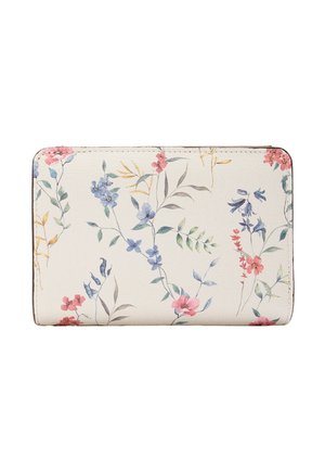 Kwiatowy portfel o miękkim kremowym tle, zdobiony delikatnym wzorem różowych i niebieskich kwiatów, podkreślonym zielonymi liśćmi i złotymi akcentami.