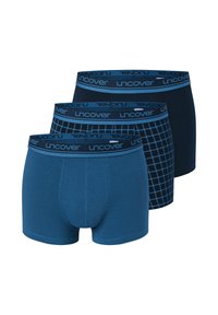Three pairs of men's boxer briefs in varying blue shades. Features include a solid navy, a grid pattern, and a textured weave. Elastic waistband.