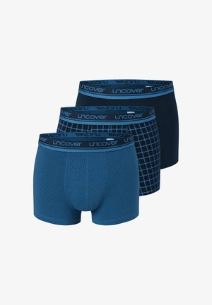 Three pairs of men's boxer briefs in varying blue shades. Features include a solid navy, a grid pattern, and a textured weave. Elastic waistband.