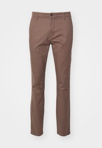 Brown cotton blend trousers with a straight cut, side pockets, and a front button closure. Smooth texture and minimal stitching details.