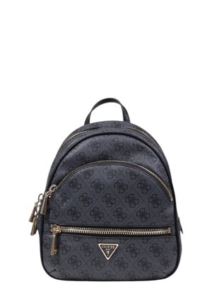 Zaino in blu scuro con motivo a logo in rilievo, hardware dorato, doppie tasche con zip e una maniglia superiore per il trasporto.