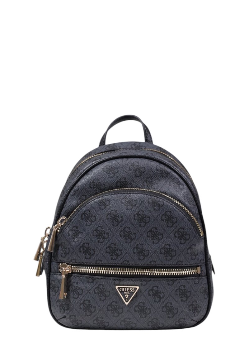 Mochila de color azul marino oscuro con un patrón de logo en relieve, herrajes dorados, compartimentos dobles con cremallera y un asa superior para llevar.