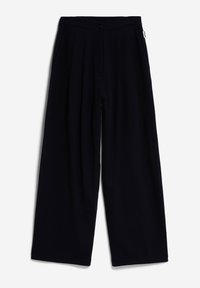 Pantalon noir à jambes larges avec poches avant, fermeture à boutons et taille ajustée, présenté sur fond blanc.