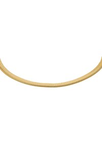 Collana in tono dorato con un design a catena intrecciata flessibile, caratterizzata da una texture liscia e una leggera lucentezza, adatta per varie occasioni.