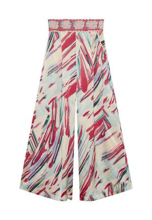 Pantalones de pierna ancha con estampado que presentan una cinturilla bordada con flores. Los colores incluyen rojo, azul y crema, con una tela suave y ligera.