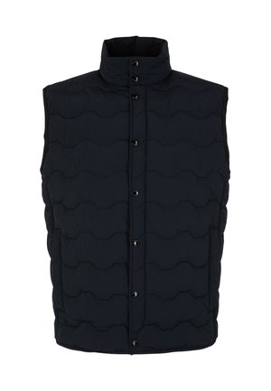 Schwarze Steppweste mit hohem Kragen, mit einem gesteppten Muster, vorderer Knopfschluss und Seitentaschen. Das Material wirkt glatt und isoliert.