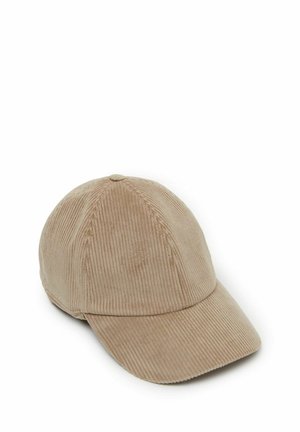 Beige corduroy cap med en rund top, buet skygge og teksturerede lodrette striber, med syede sømme og rene kanter.