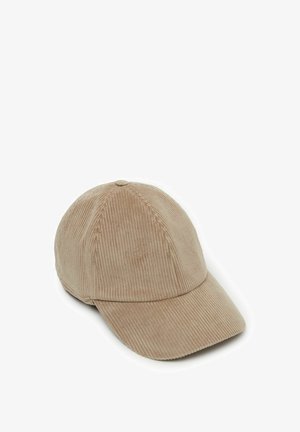 Beige corduroy cap med en rund top, buet skygge og teksturerede lodrette striber, med syede sømme og rene kanter.