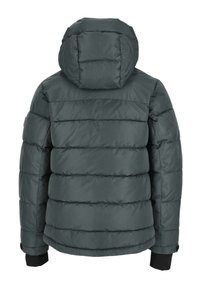 Puchowa kurtka w ciemnoszarym kolorze z kapturem. Posiada poziome przeszycia, elastyczne mankiety oraz gładką fakturę.