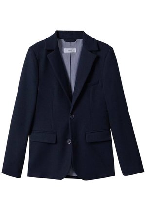 Herremørkeblå blazer med hakkede revers, to frontlommer med klap og to knapper foran, vist fladt på en hvid baggrund.