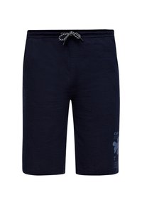 Marineblauwe badshorts van textuurstof. Beschikt over een verstelbare trekkoord in de taille en een bedrukte logo-detail aan de linkerzijde.