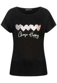 T-shirt noir à manches courtes avec un col rond, présentant un graphisme de cœur aux couleurs variées et le texte "Choose Happy" en blanc.