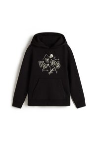 Svart huvtröja med en framficka, prydd med en grafisk tryck av skelett och ordet "VANS" i vit och krämfärgad text.