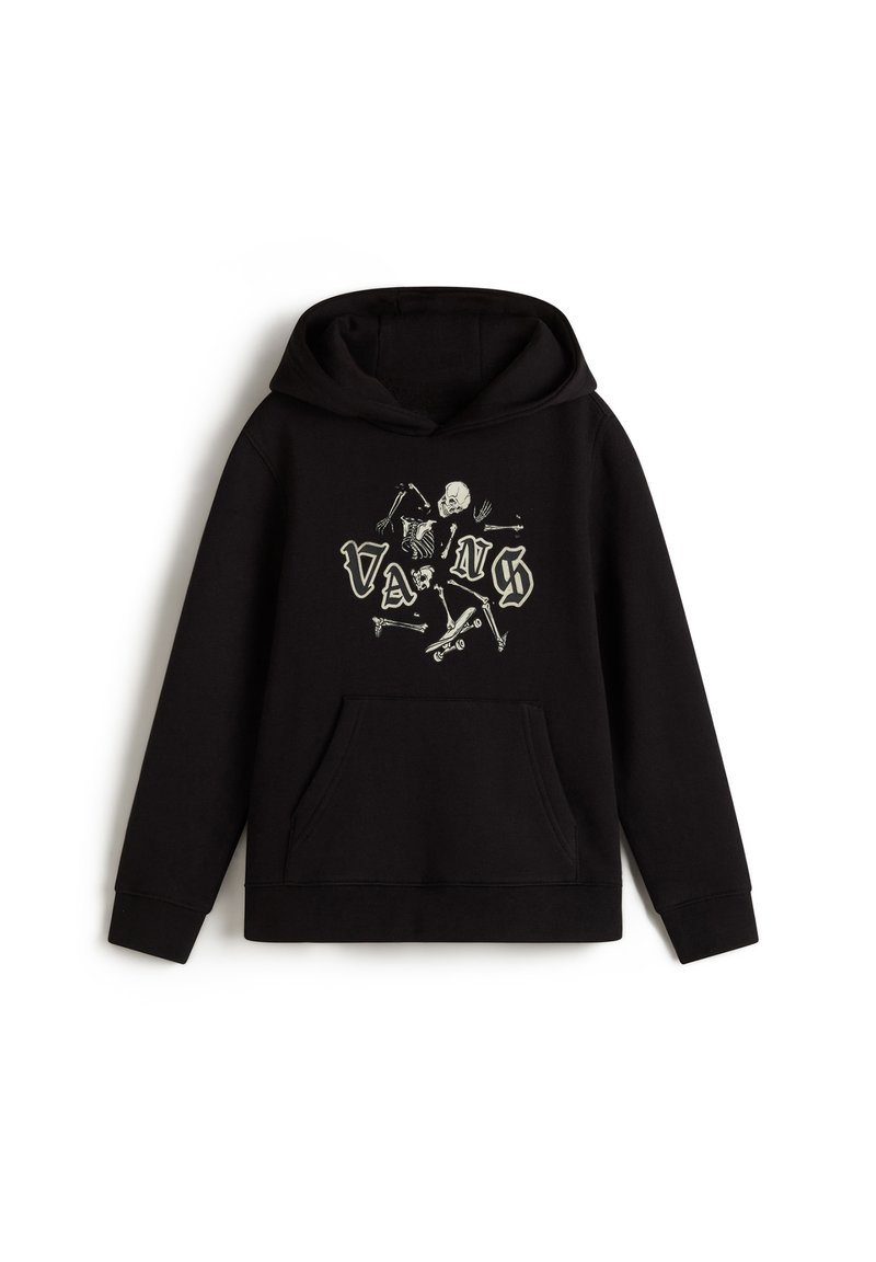 Svart huvtröja med en framficka, prydd med en grafisk tryck av skelett och ordet "VANS" i vit och krämfärgad text.