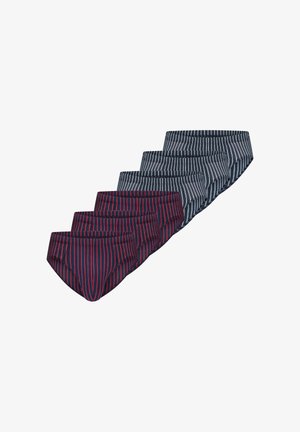 Confezione da cinque slip in colori scuri assortiti, con righe verticali rosse e bianche. Realizzati in tessuto morbido ed elastico con vita elastica.