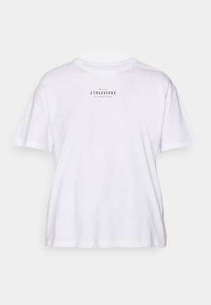 Hvit bomulls t-skjorte med korte ermer, med rund hals og trykket tekst i svart som sier "ONLY PLAY ATHLEISURE" på forsiden.