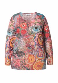 Top de manga larga multicolor, con patrones abstractos, diseños en espiral y motivos de ojos. Hecho de tela ligera y texturizada.