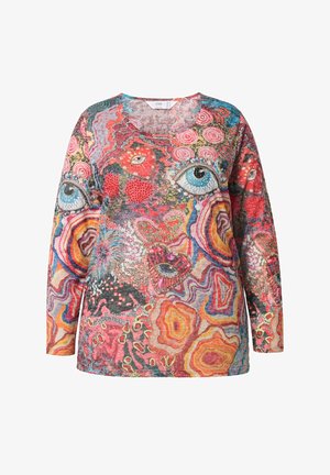 Koszulka z długim rękawem w wielokolorowe abstrakcyjne wzory, zawierająca motywy wirujących kształtów oraz oczu. Wykonana z lekkiego, teksturowanego materiału.