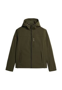 Zielonooliwkowa kurtka softshell z kapturem, z przodu zapinana na zamek błyskawiczny i dwoma bocznymi kieszeniami. Posiada kieszeń na piersiach oraz akcenty ze sznurkiem na kapturze.
