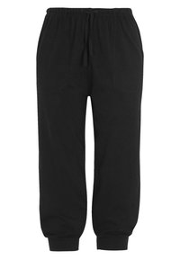 Zwarte sweatpants van zacht materiaal met een elastische tailleband, trekkoord en taps toelopende manchetten. Bevat twee zijzakken voor gemak.