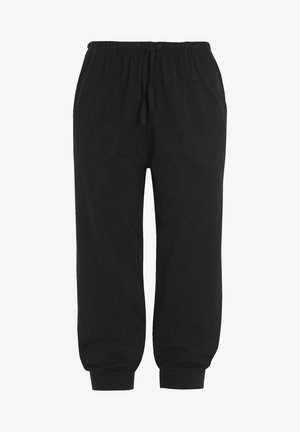 Zwarte sweatpants van zacht materiaal met een elastische tailleband, trekkoord en taps toelopende manchetten. Bevat twee zijzakken voor gemak.