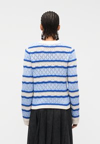 Άτομο με πλεκτά μαλλιά που φοράει ένα βελονάκι πουλόβερ με μπλε, λευκές και μπεζ ρίγες και μια σκούρα πλισέ φούστα, στραμμένο από την πλάτη σε απλό φόντο.